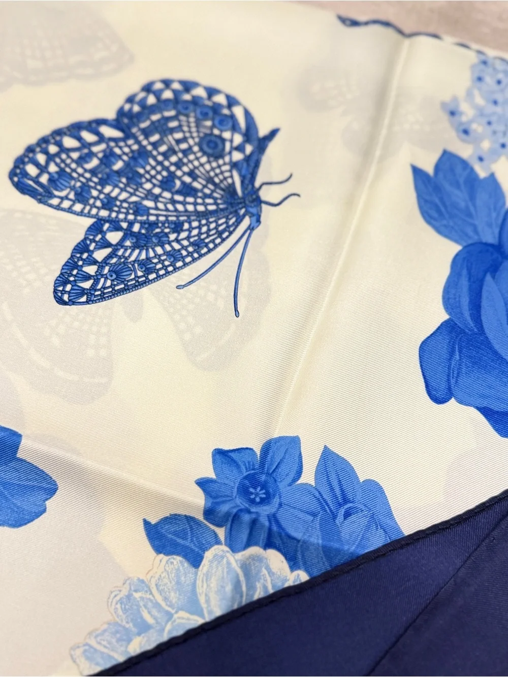 Lanvin Blue and White Floral & Butterfly Silk Scarf